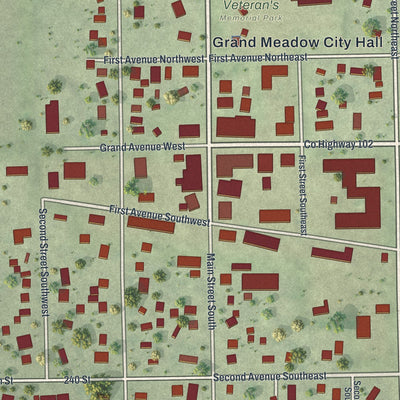 Close-up of the map of Grand Meadow, Minnesota print showing street and building detail