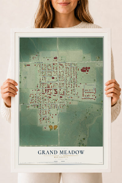 Map of Grand Meadow, Minnesota, 18 x 24 inch print in a white wood frame