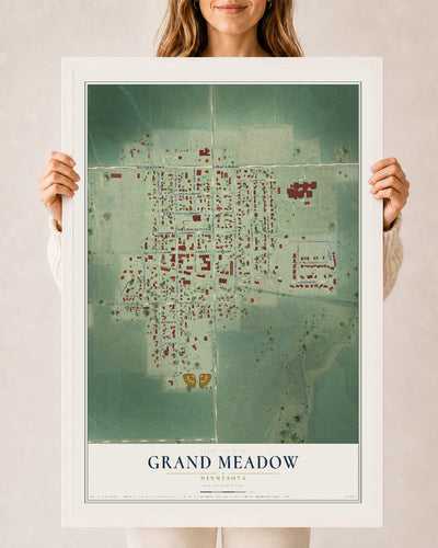 Map of Grand Meadow, Minnesota, 24 x 36 inch print in a white wood frame