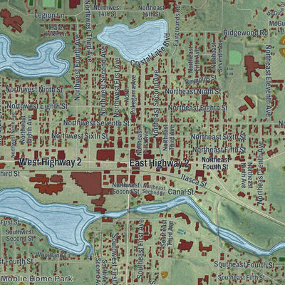 Close-up of the map of Grand Rapids, Minnesota print showing street and building detail