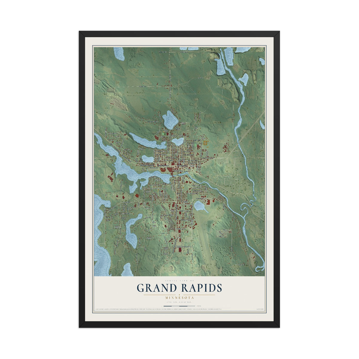 Map of Grand Rapids, Minnesota, 12 x 18 inch print in a black wood frame