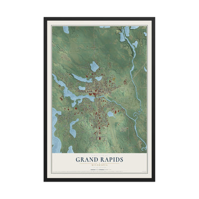 Map of Grand Rapids, Minnesota, 12 x 18 inch print in a black wood frame