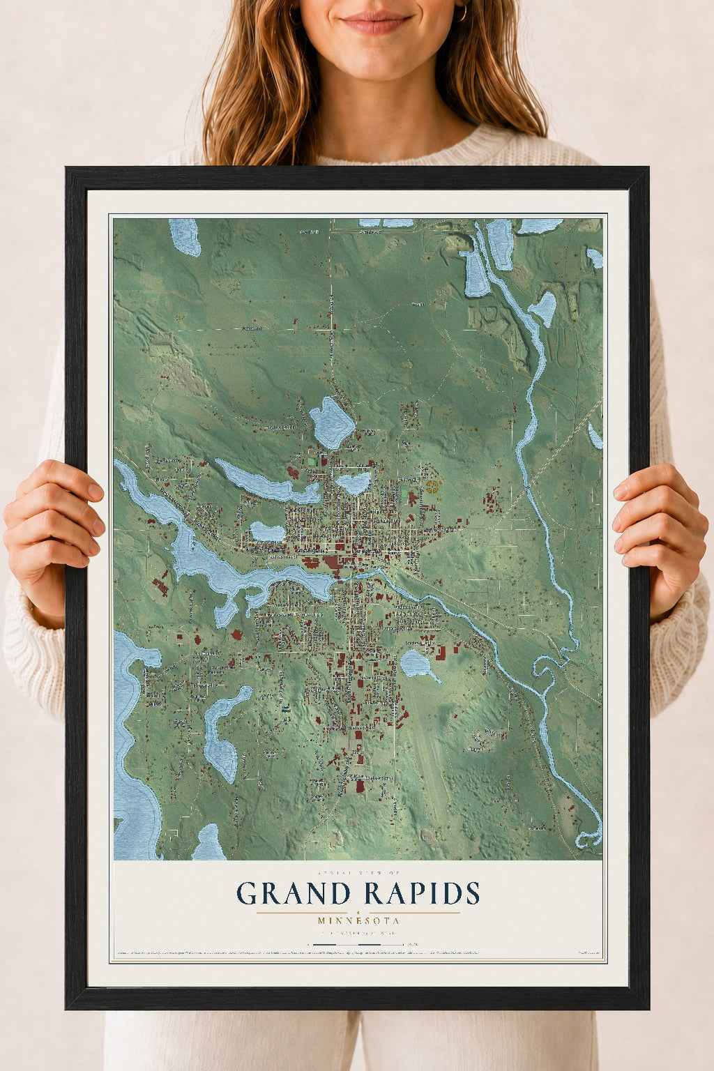 Map of Grand Rapids, Minnesota, 18 x 24 inch print in a black wood frame
