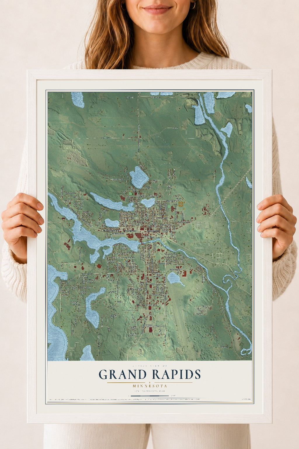 Map of Grand Rapids, Minnesota, 18 x 24 inch print in a white wood frame