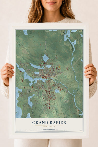Map of Grand Rapids, Minnesota, 18 x 24 inch print in a white wood frame