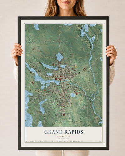 Map of Grand Rapids, Minnesota, 24 x 36 inch print in a black wood frame