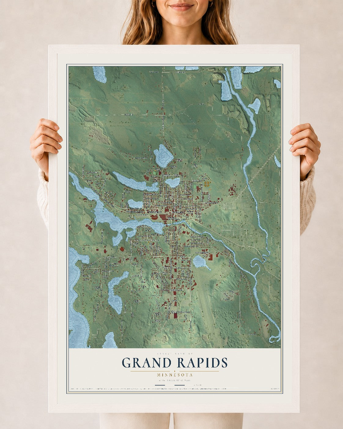 Map of Grand Rapids, Minnesota, 24 x 36 inch print in a white wood frame