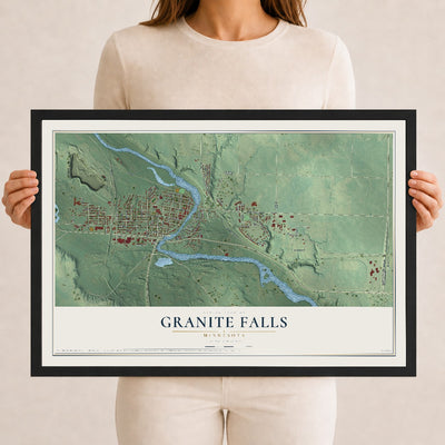 Map of Granite Falls, Minnesota, 12 x 18 inch print in a black wood frame