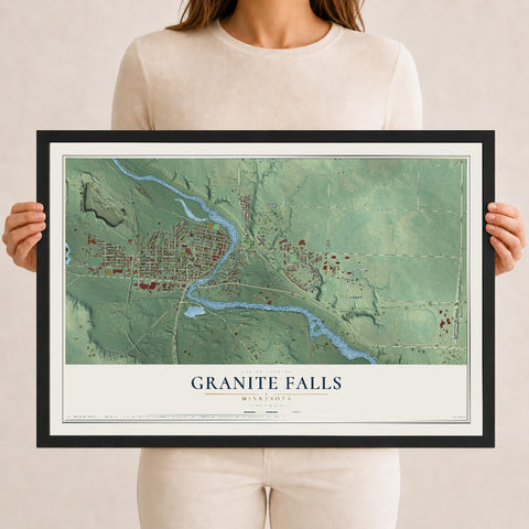 Map of Granite Falls, Minnesota, 12 x 18 inch print in a black wood frame
