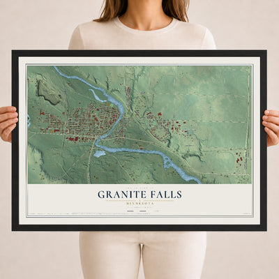 Map of Granite Falls, Minnesota, 18 x 24 inch print in a black wood frame