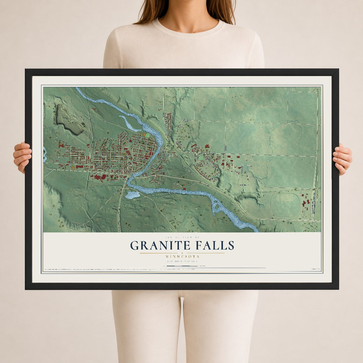 Map of Granite Falls, Minnesota, 24 x 36 inch print in a black wood frame