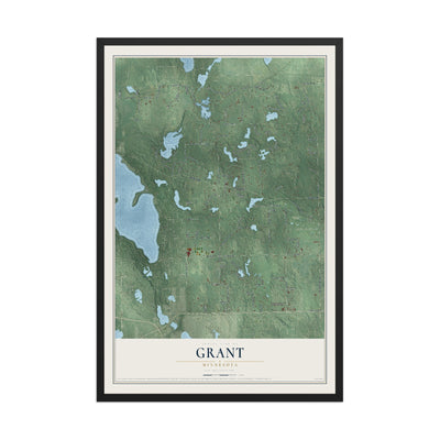 Map of Grant, Minnesota, 12 x 18 inch print in a black wood frame