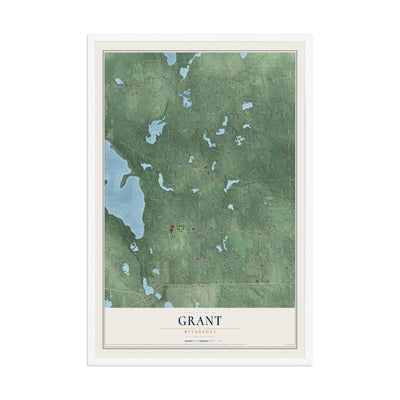 Map of Grant, Minnesota, 12 x 18 inch print in a white wood frame