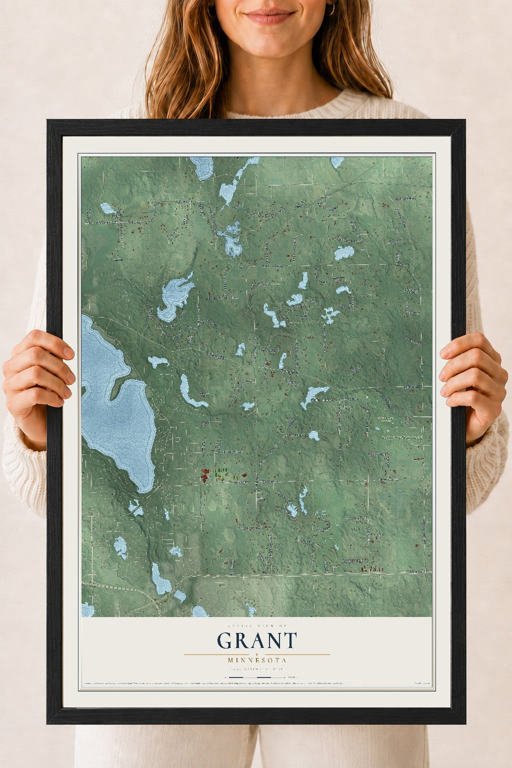 Map of Grant, Minnesota, 18 x 24 inch print in a black wood frame