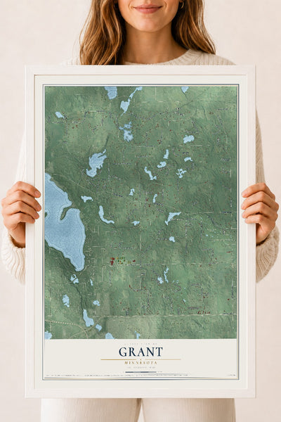 Map of Grant, Minnesota, 18 x 24 inch print in a white wood frame