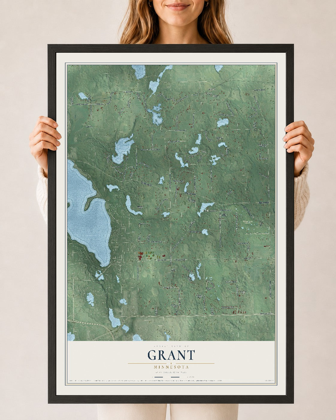Map of Grant, Minnesota, 24 x 36 inch print in a black wood frame