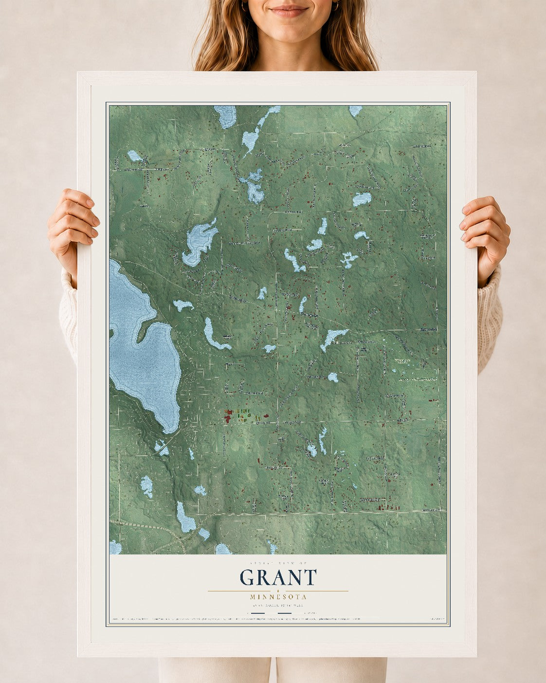 Map of Grant, Minnesota, 24 x 36 inch print in a white wood frame