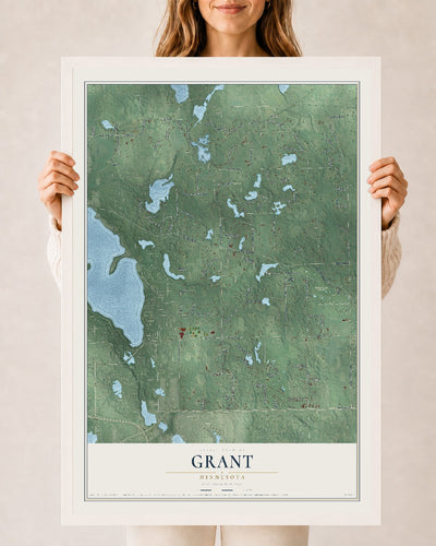 Map of Grant, Minnesota, 24 x 36 inch print in a white wood frame