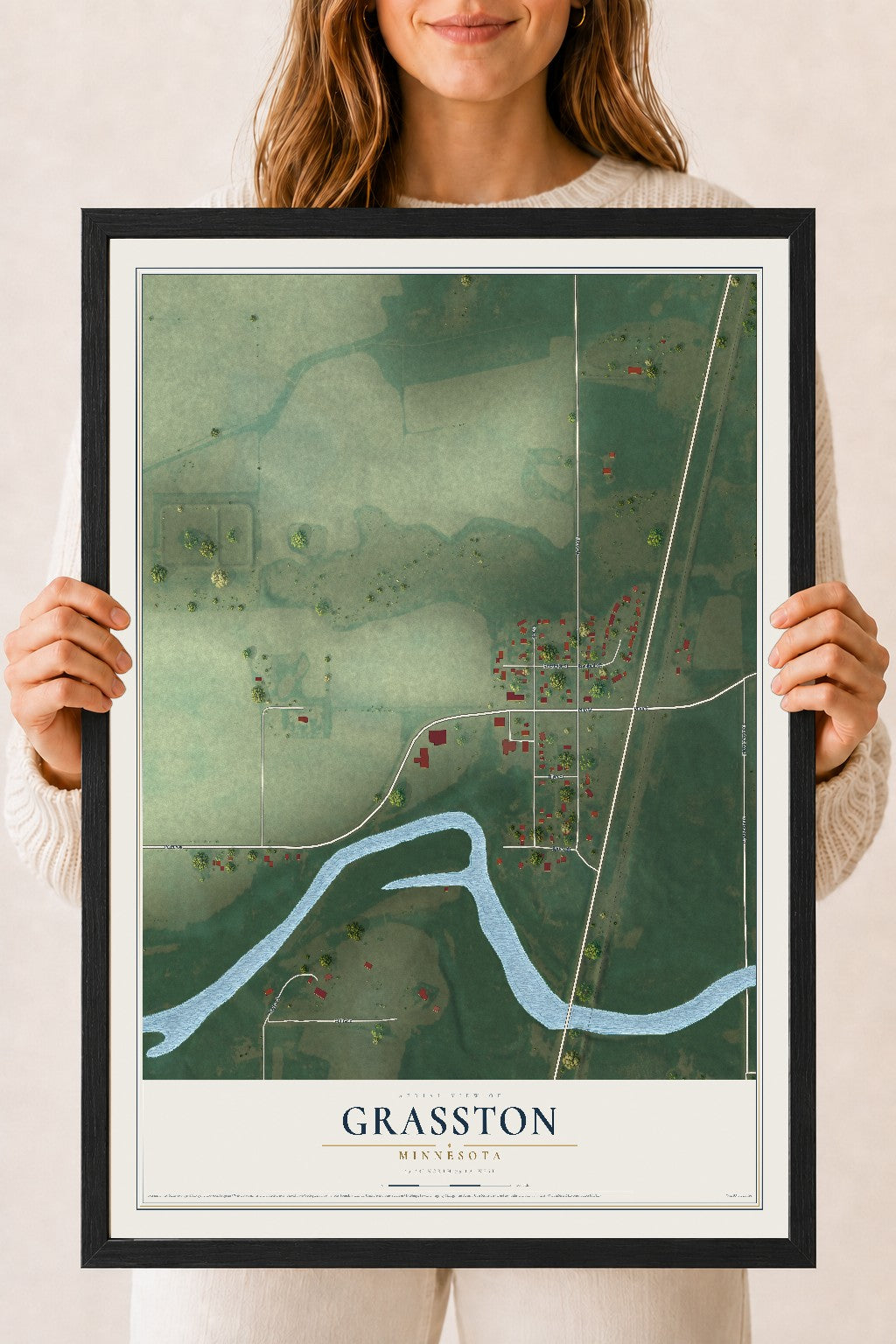 Map of Grasston, Minnesota, 18 x 24 inch print in a black wood frame