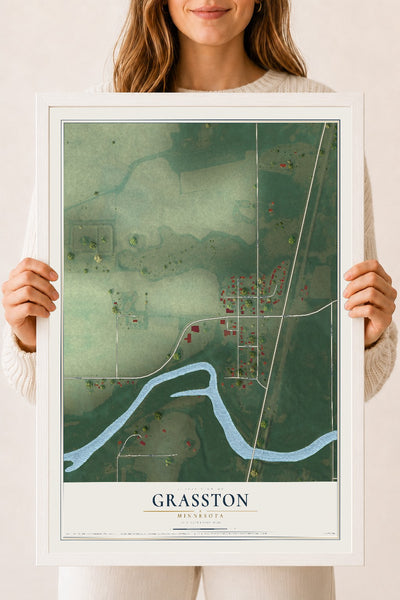 Map of Grasston, Minnesota, 18 x 24 inch print in a white wood frame