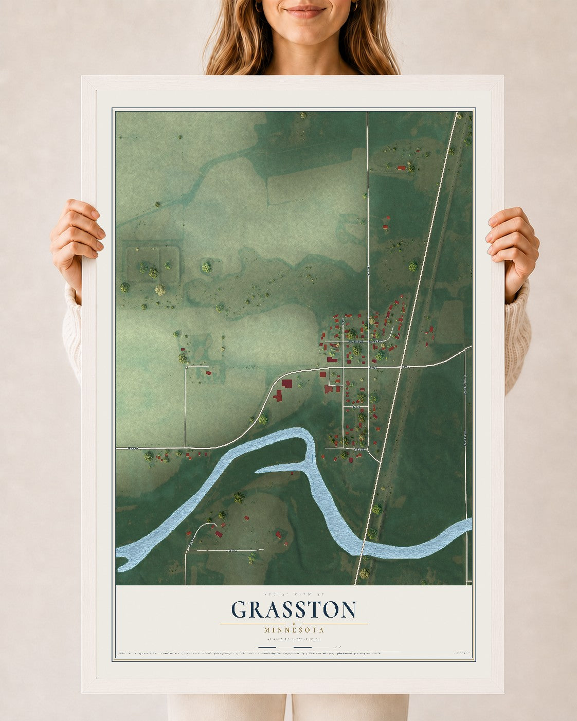 Map of Grasston, Minnesota, 24 x 36 inch print in a white wood frame