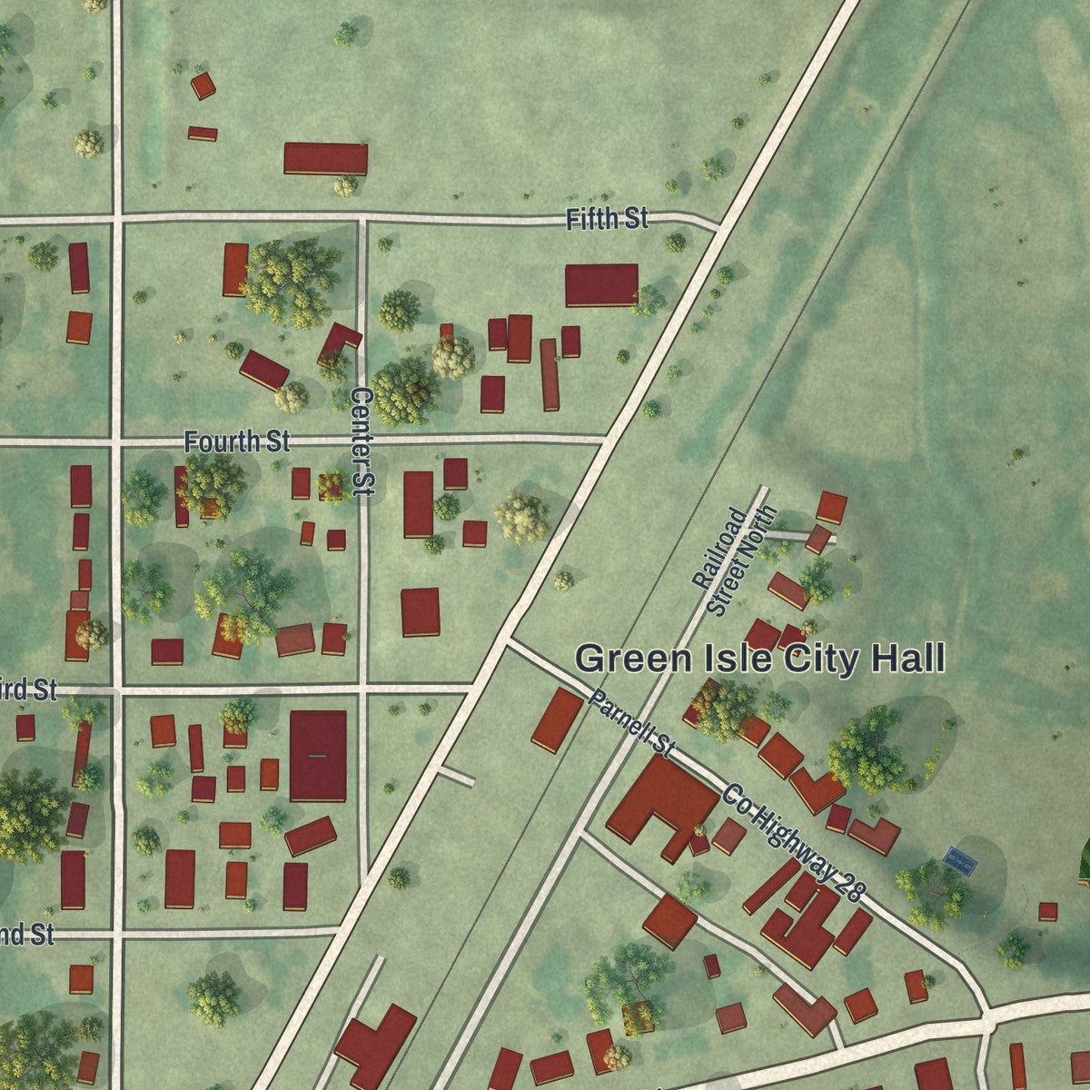 Close-up of the map of Green Isle, Minnesota print showing street and building detail
