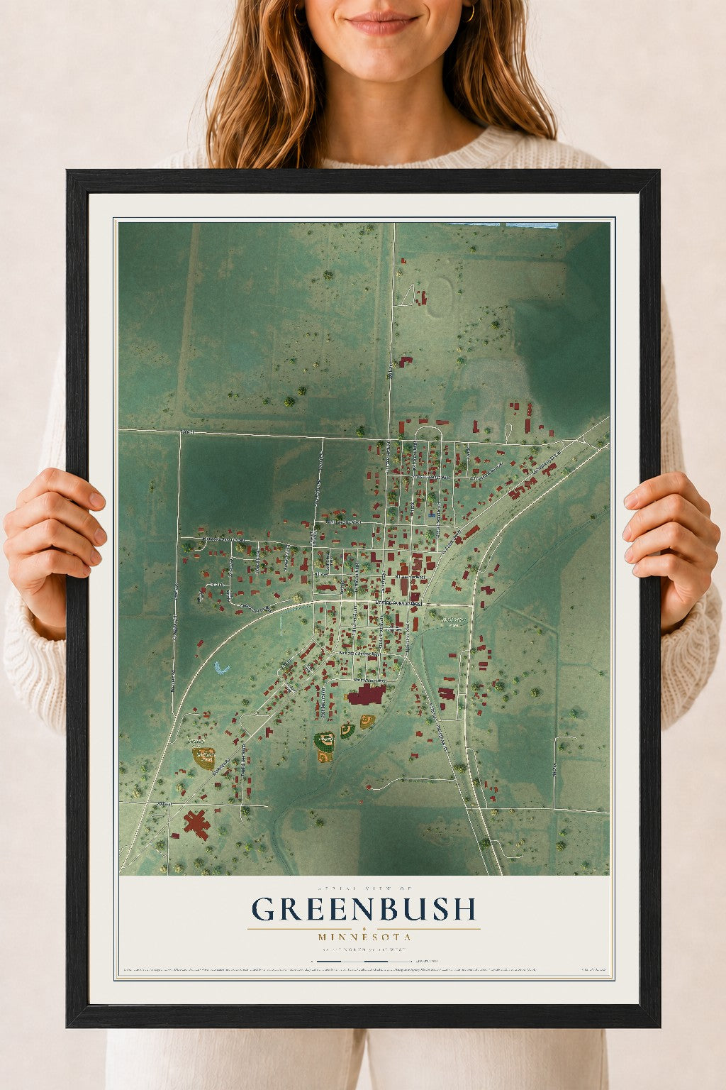 Map of Greenbush, Minnesota, 18 x 24 inch print in a black wood frame