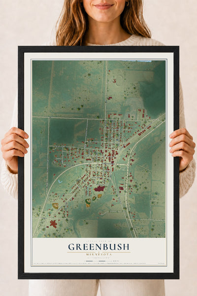 Map of Greenbush, Minnesota, 18 x 24 inch print in a black wood frame