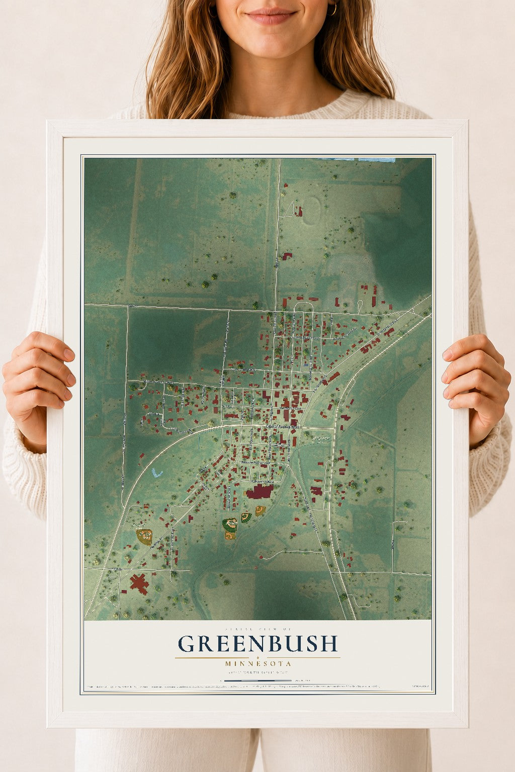 Map of Greenbush, Minnesota, 18 x 24 inch print in a white wood frame