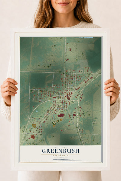 Map of Greenbush, Minnesota, 18 x 24 inch print in a white wood frame