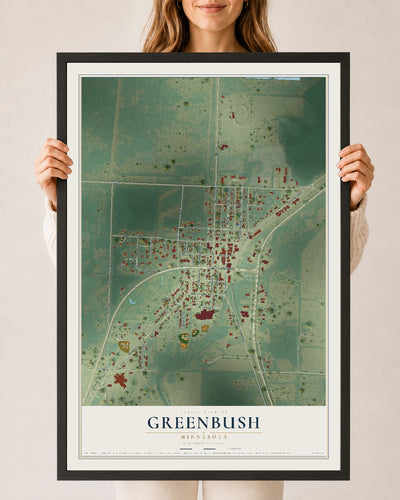 Map of Greenbush, Minnesota, 24 x 36 inch print in a black wood frame