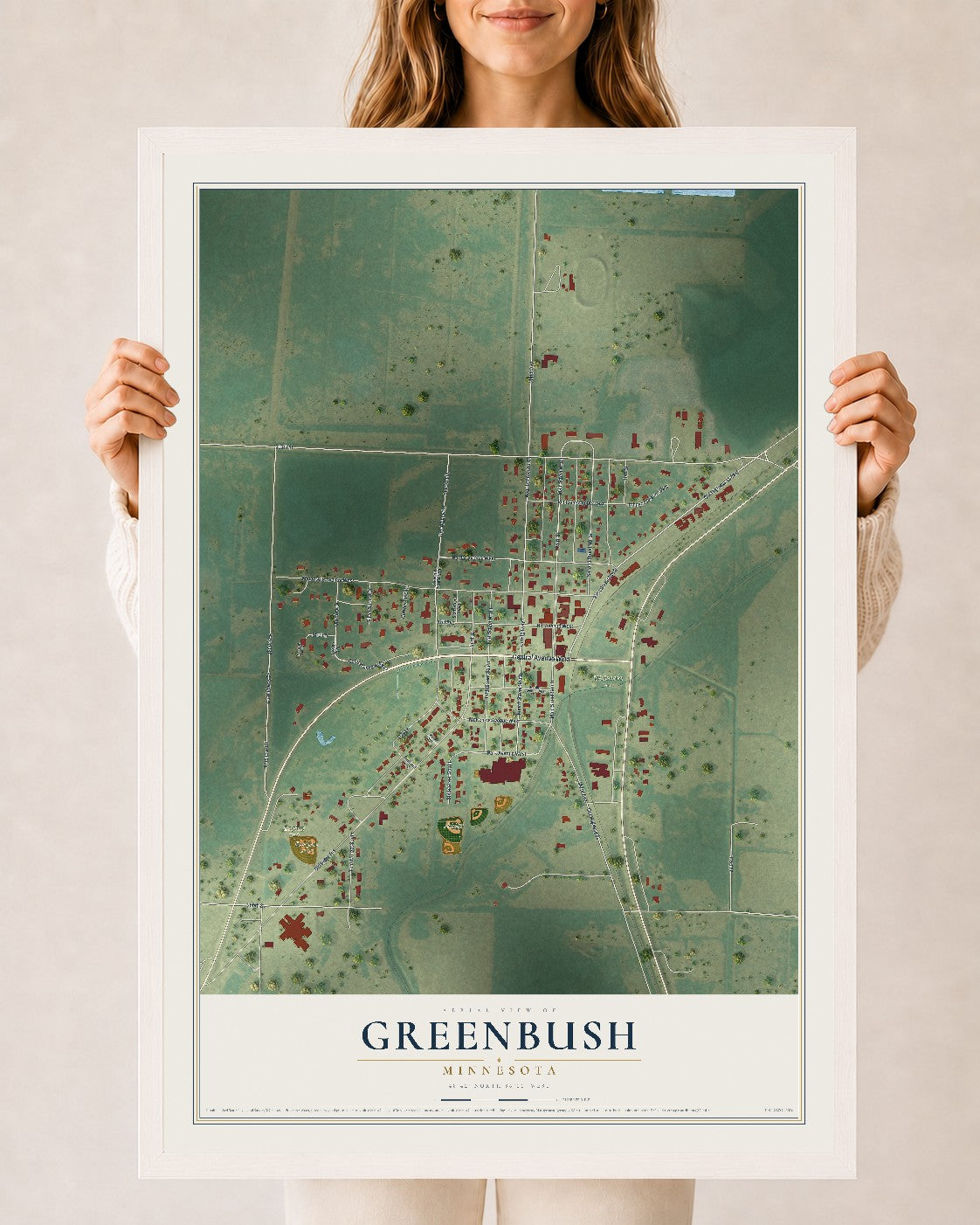 Map of Greenbush, Minnesota, 24 x 36 inch print in a white wood frame