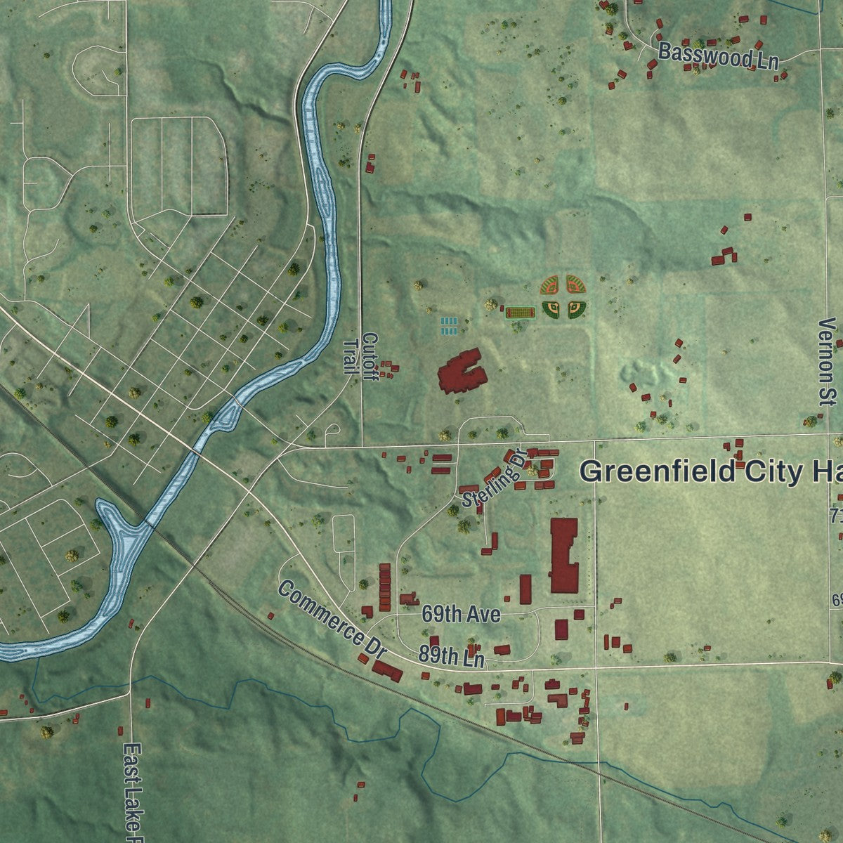 Second close-up of the map of Greenfield, Minnesota print showing more streets and buildings