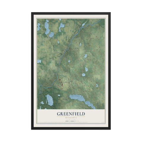 Map of Greenfield, Minnesota, 12 x 18 inch print in a black wood frame