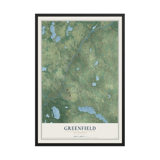 Map of Greenfield, Minnesota, 12 x 18 inch print in a black wood frame