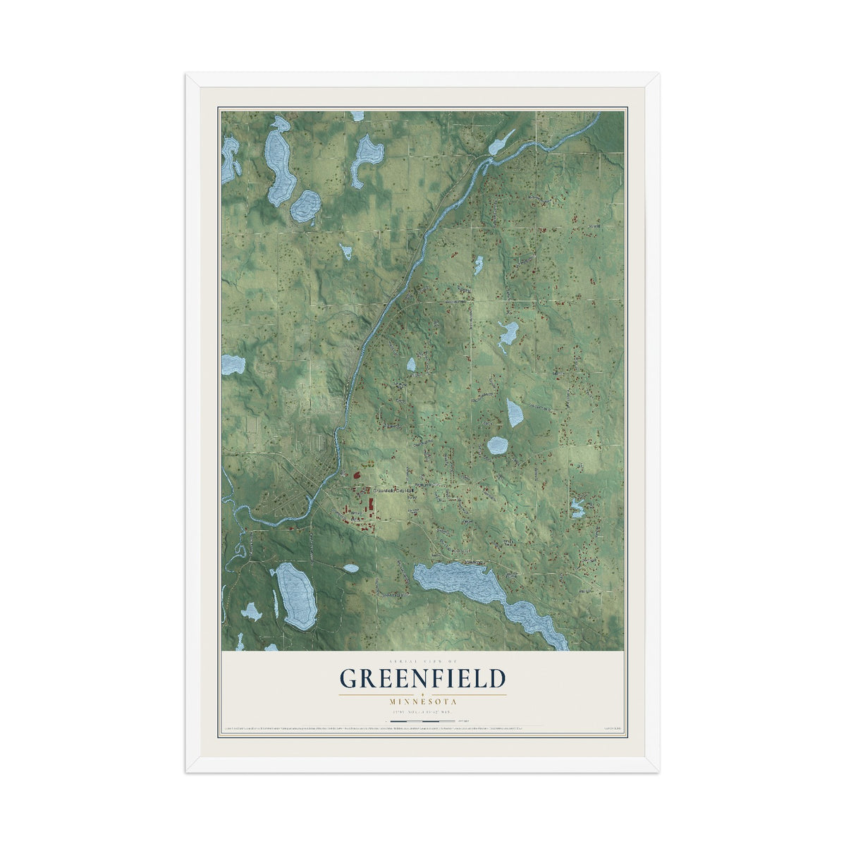 Map of Greenfield, Minnesota, 12 x 18 inch print in a white wood frame