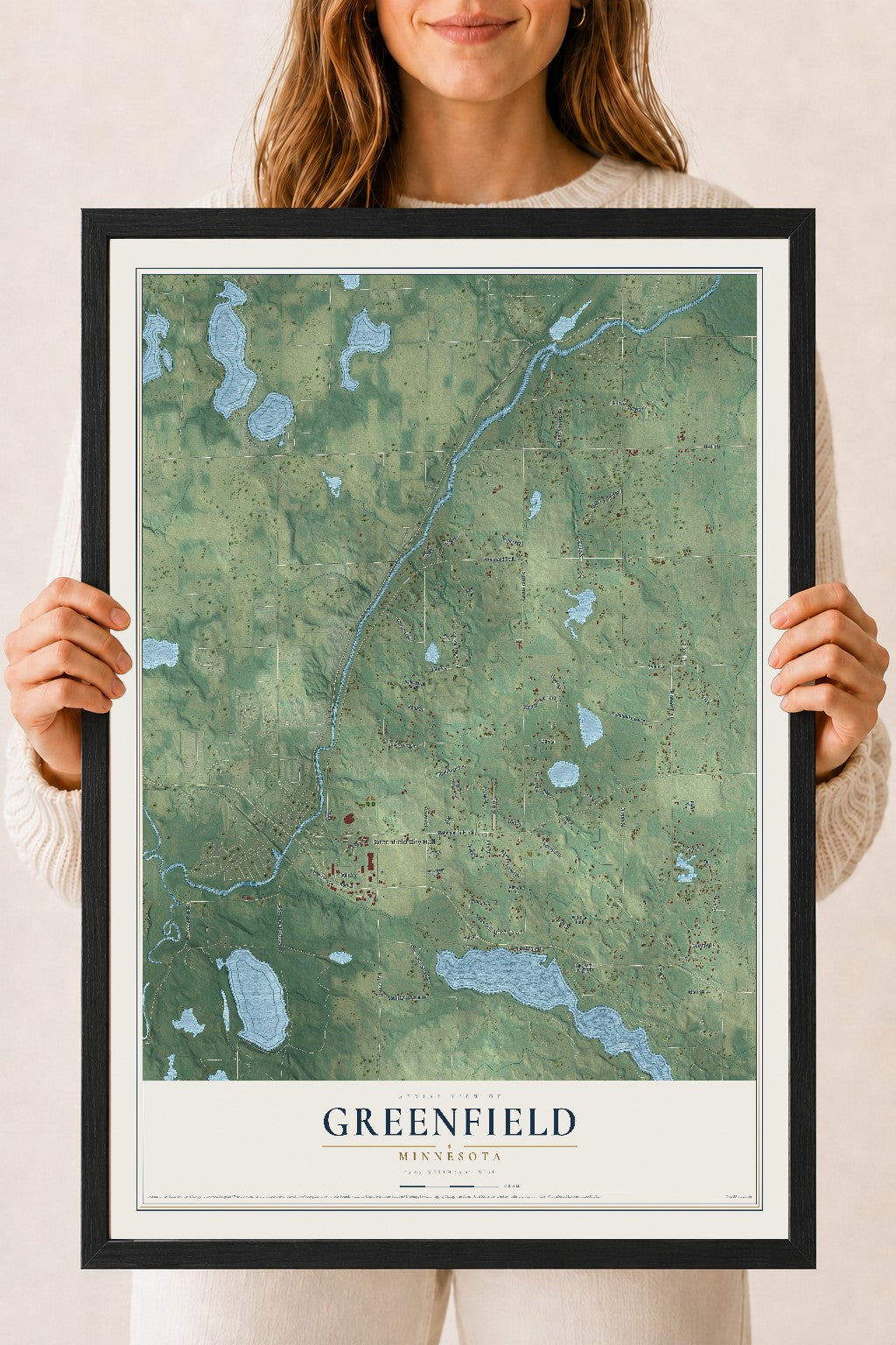 Map of Greenfield, Minnesota, 18 x 24 inch print in a black wood frame