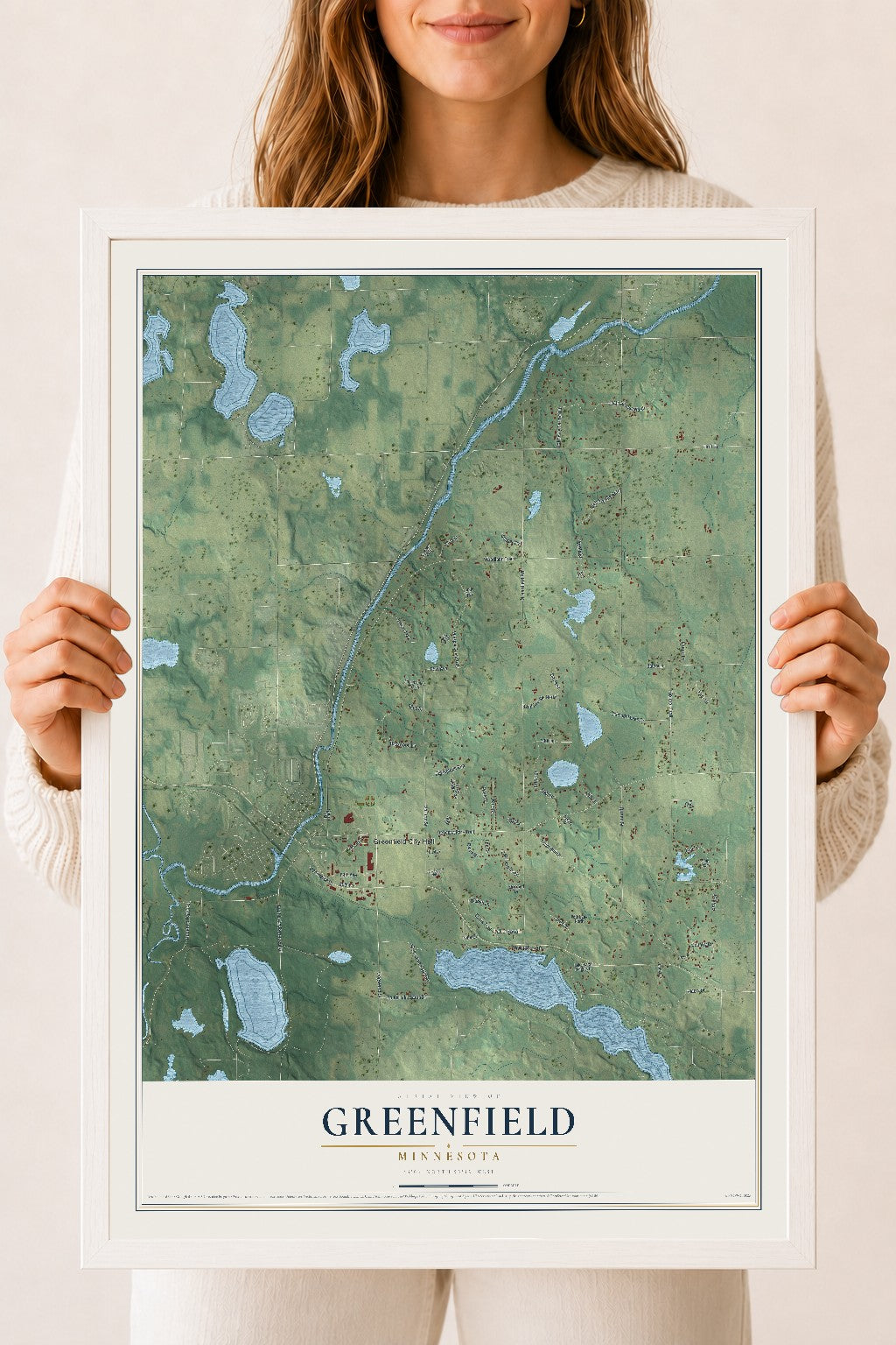 Map of Greenfield, Minnesota, 18 x 24 inch print in a white wood frame