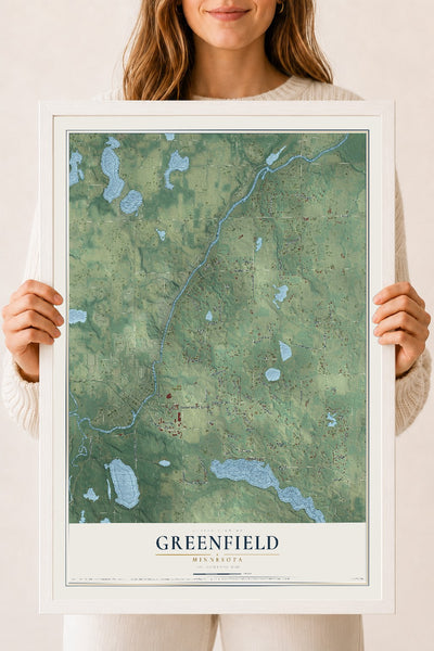 Map of Greenfield, Minnesota, 18 x 24 inch print in a white wood frame