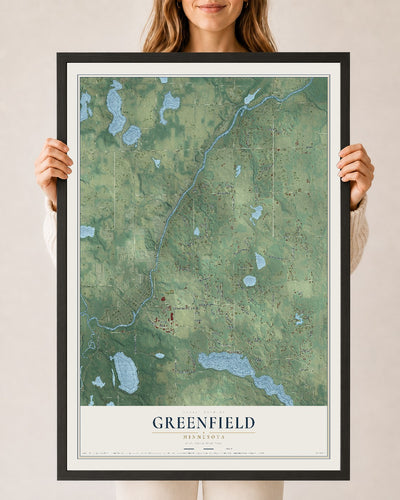 Map of Greenfield, Minnesota, 24 x 36 inch print in a black wood frame