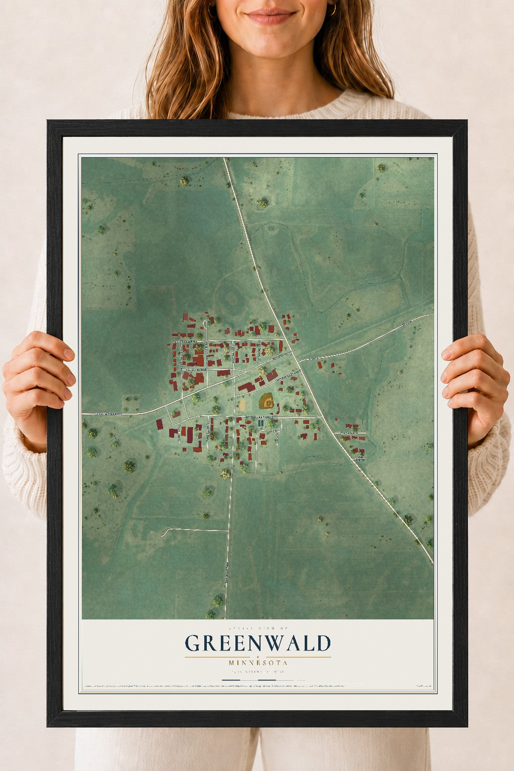 Map of Greenwald, Minnesota, 18 x 24 inch print in a black wood frame
