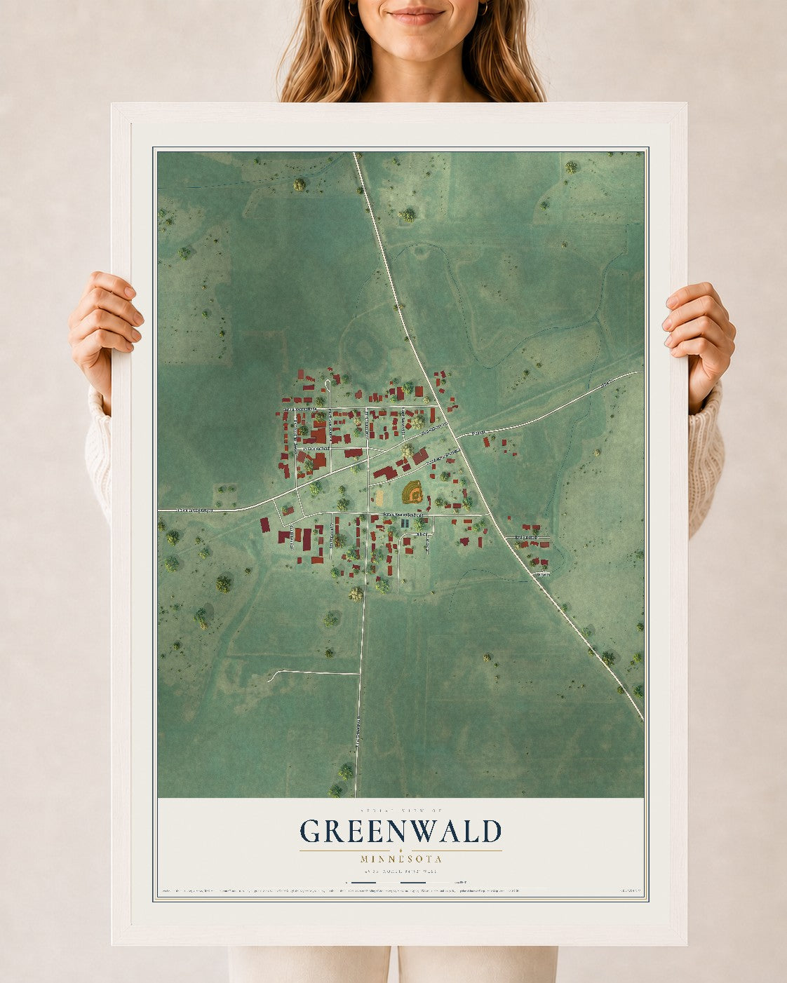Map of Greenwald, Minnesota, 24 x 36 inch print in a white wood frame