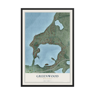 Map of Greenwood, Minnesota, 12 x 18 inch print in a black wood frame