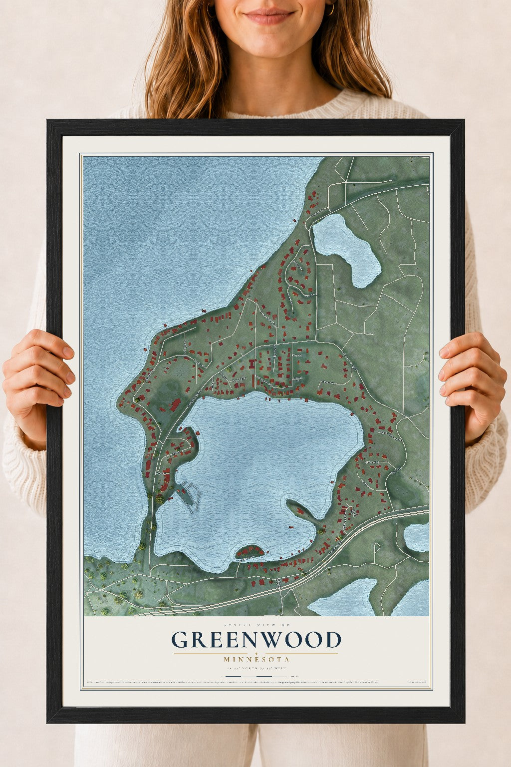 Map of Greenwood, Minnesota, 18 x 24 inch print in a black wood frame