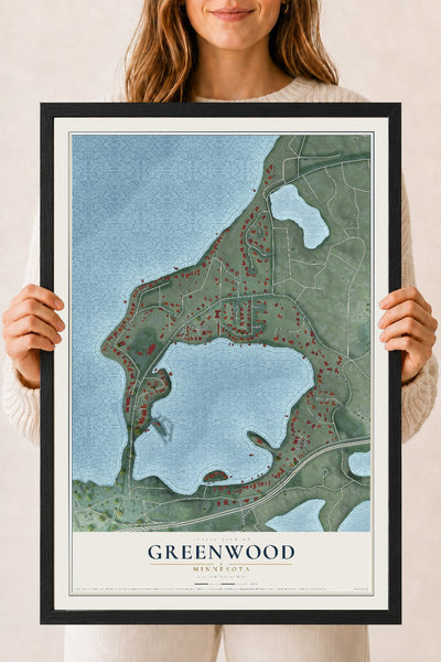 Map of Greenwood, Minnesota, 18 x 24 inch print in a black wood frame