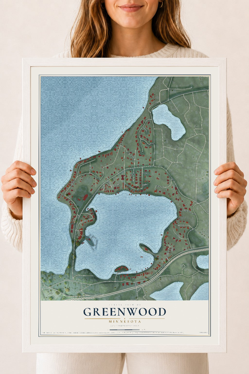 Map of Greenwood, Minnesota, 18 x 24 inch print in a white wood frame