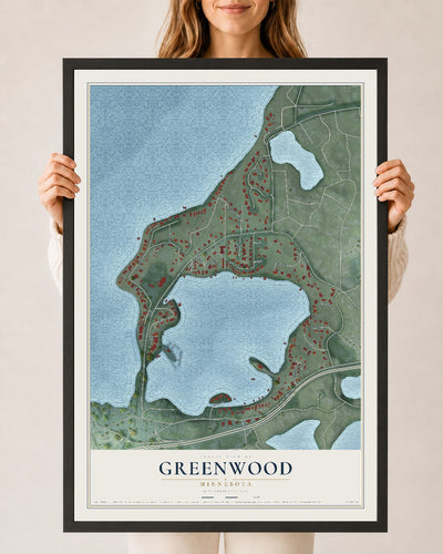 Map of Greenwood, Minnesota, 24 x 36 inch print in a black wood frame