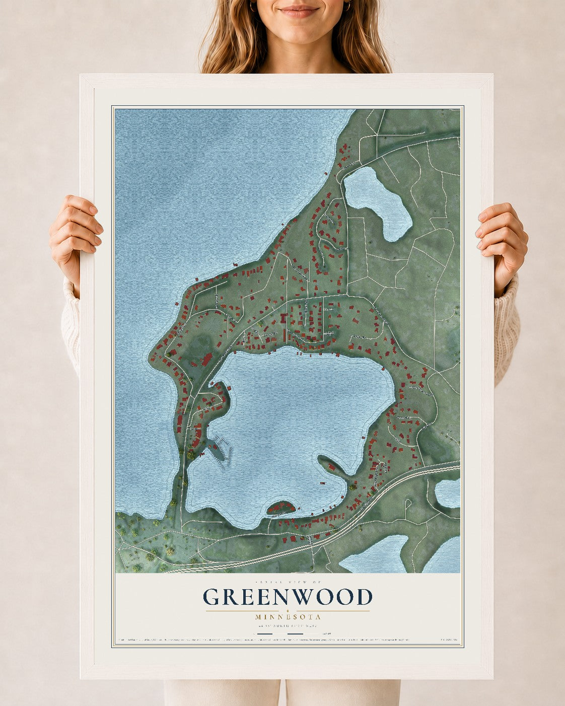 Map of Greenwood, Minnesota, 24 x 36 inch print in a white wood frame