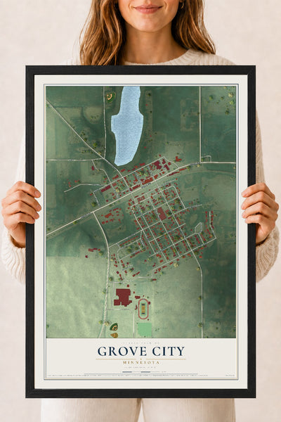 Map of Grove City, Minnesota, 18 x 24 inch print in a black wood frame