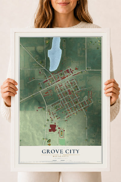 Map of Grove City, Minnesota, 18 x 24 inch print in a white wood frame